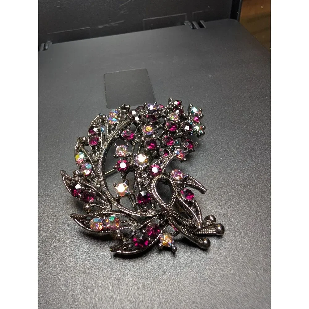 Vintage Aurora Borealis Rhinestone Floral Spray Brooch Gunmetal Statement Pin 2